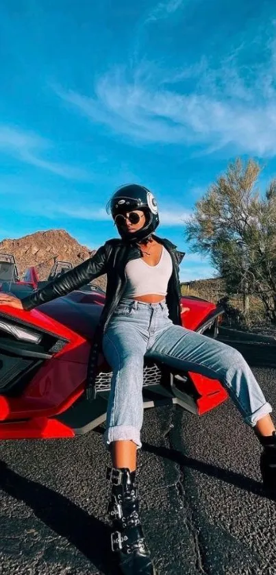 Stylish rider on motorcycle against scenic blue sky backdrop.