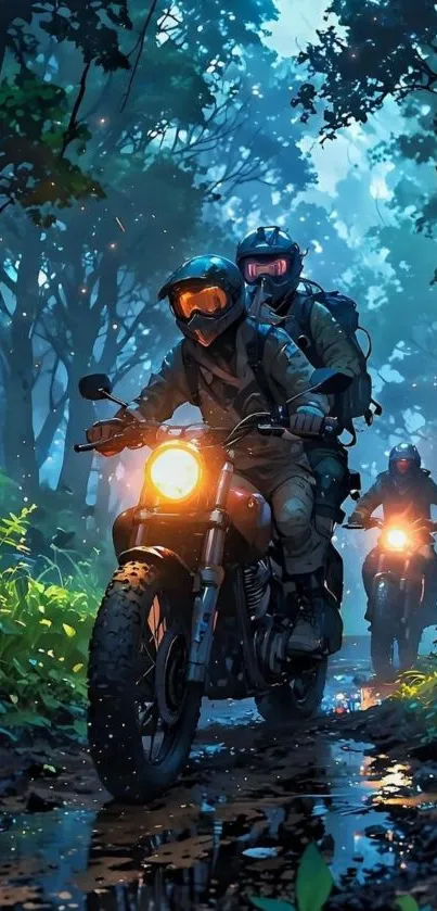 Two motorcycles in a lush forest path, an adventure ride.