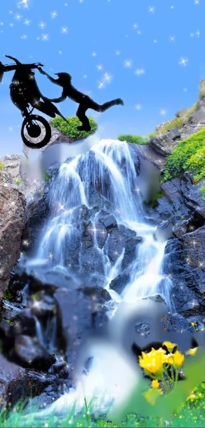 Motorcycle jumps over a waterfall under a clear blue sky.