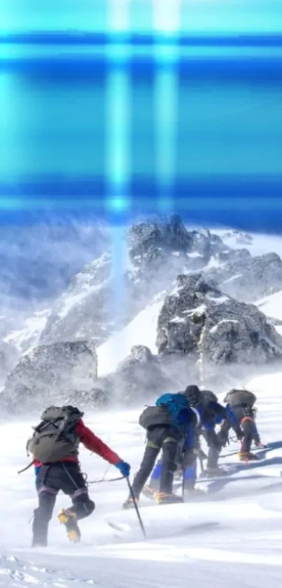 Climbers on snowy mountain under a blue sky.