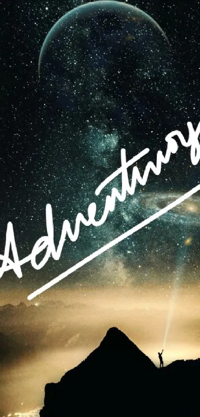 Adventure wallpaper with a starry night and mountain silhouette.