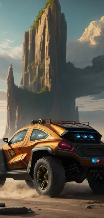 Rugged off-road car against towering cliffs and a scenic sky.