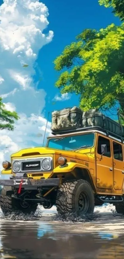 Vibrant off-road jeep with lush natural backdrop.