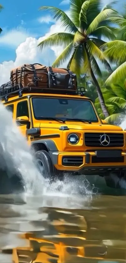 Off-road vehicle driving through tropical beach scenery.