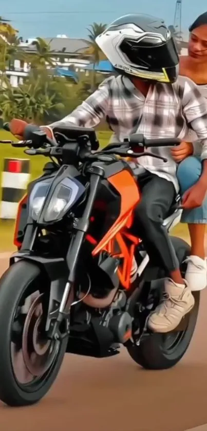 Two riders on a motorcycle enjoying an outdoor adventure.