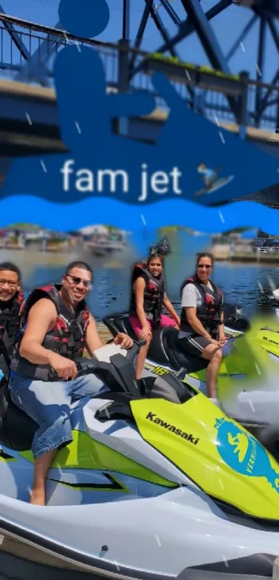 Family enjoying jet skiing adventure on a sunny day with vibrant colors.