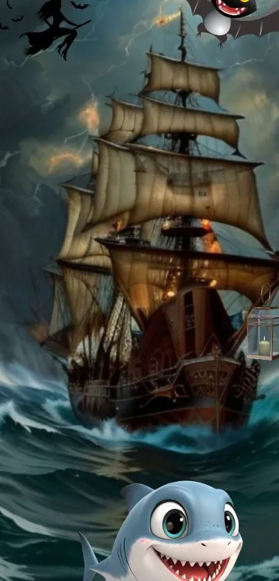Pirate ship in stormy ocean with cartoon shark and bat.