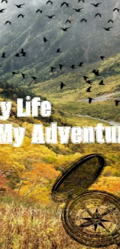 Autumn mountain landscape with adventure quote and compass