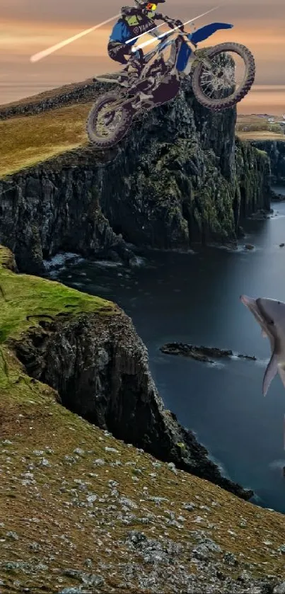 Motorcyclist jumps over shark along dramatic seaside cliff.