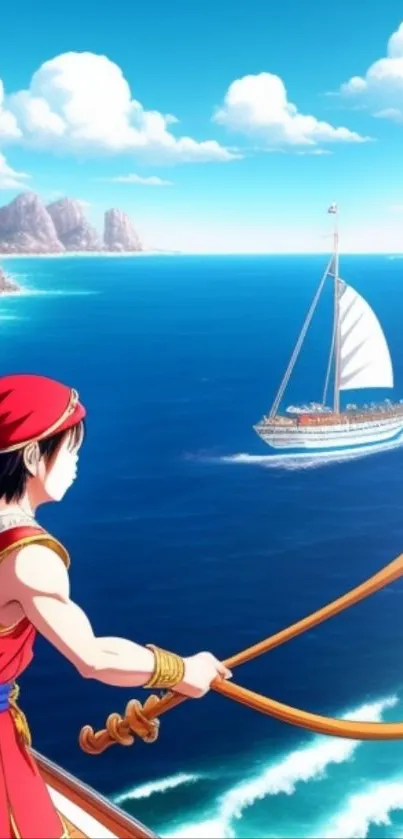 Anime archer watching a ship sail on a sparkling blue ocean.