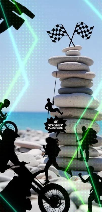 Adventure sports silhouettes on beach with motivational message and neon accents.