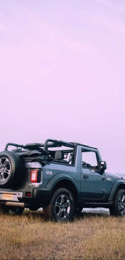 SUV parked by a tranquil lake under a light purple sky.