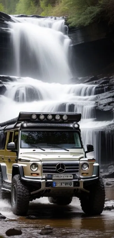 SUV driving through a scenic waterfall landscape, showcasing adventure and nature.