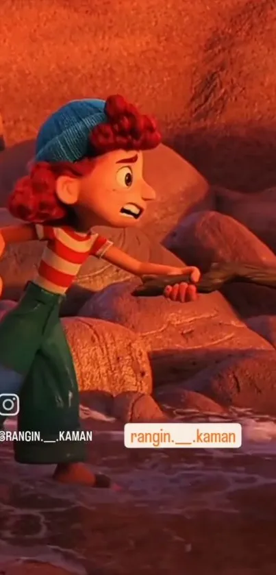 Animated character on rocky beach holding a stick.