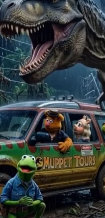 Muppet characters in a car chased by dinosaur