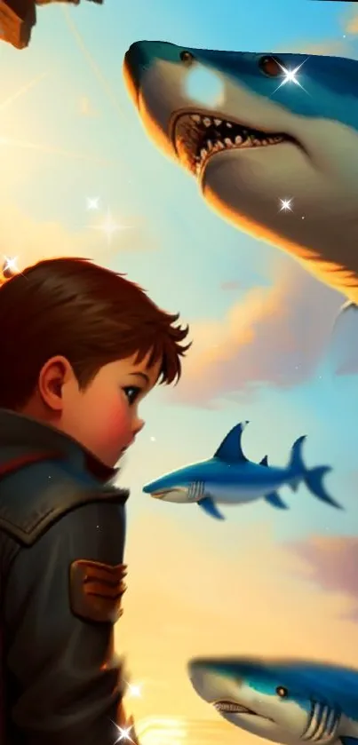 Fantasy wallpaper featuring a boy and sharks in a vibrant sunrise setting.