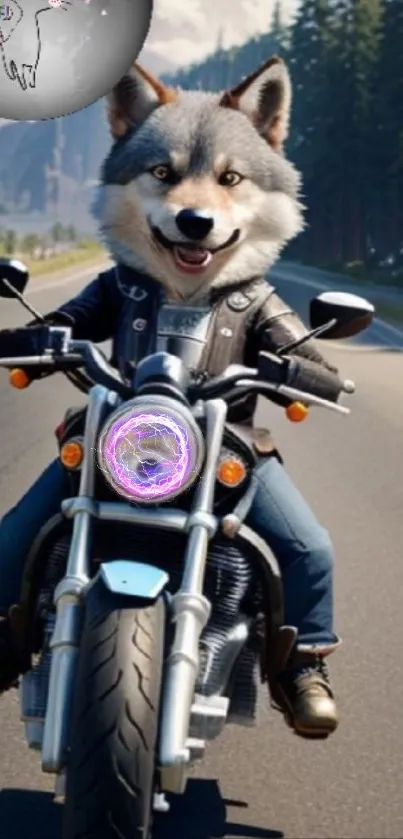 Wolf riding a motorcycle on a forest road with vibrant colors.