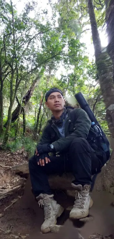 Adventurer sitting in a lush forest setting, surrounded by greenery and tranquility.