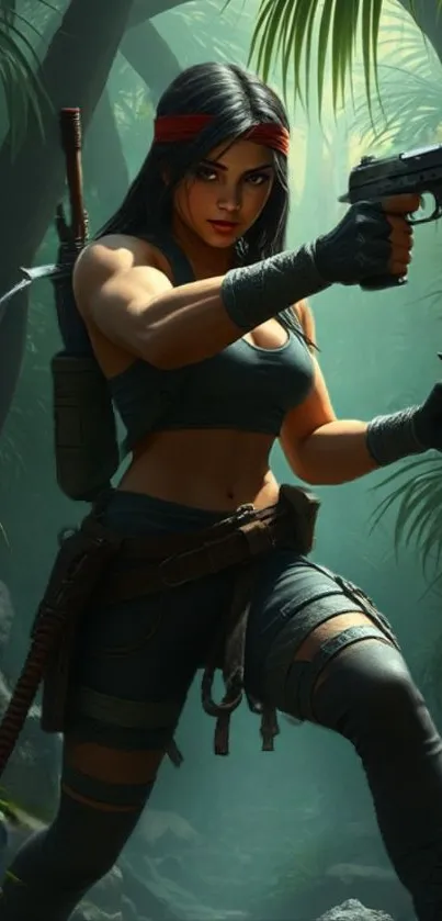 Adventure character in jungle setting with guns.