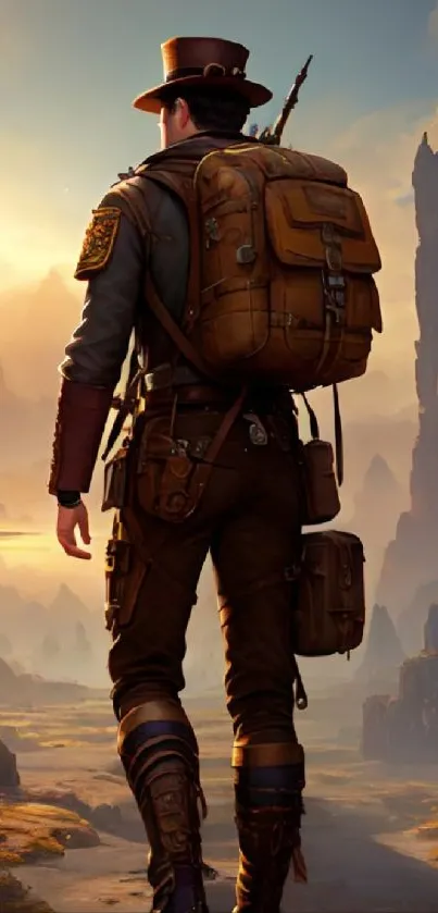 Adventurer with backpack in scenic mountain landscape at sunset.