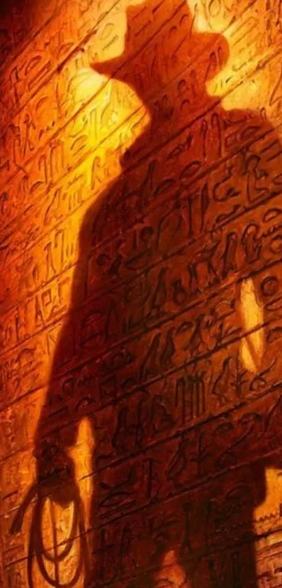 Silhouette of an adventurer on ancient hieroglyphic wall with warm orange light.