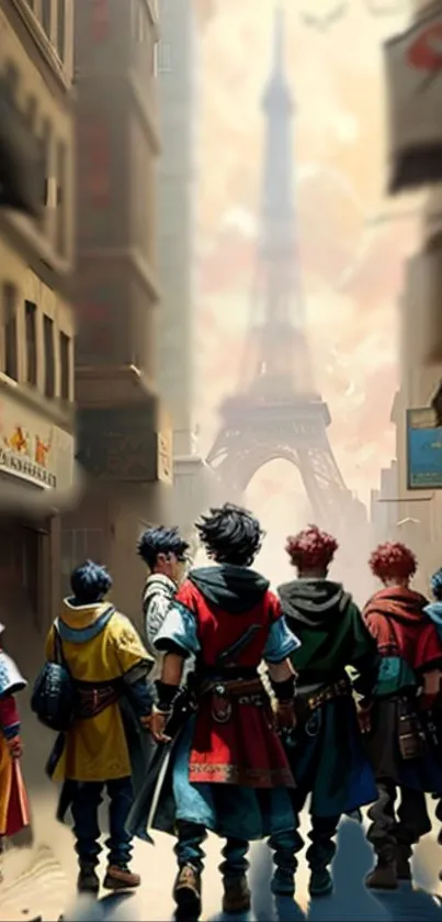 Colorful adventurers walking in a Parisian street towards the Eiffel Tower.