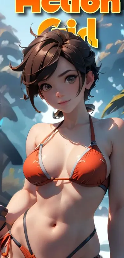 Anime action girl in orange bikini on tropical beach.