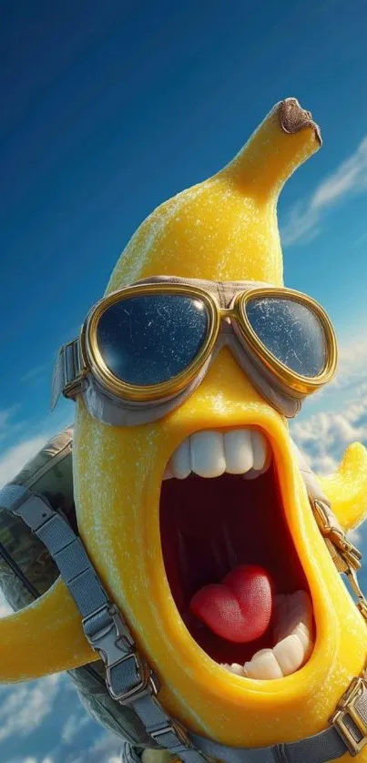 Cartoon banana skydiving with goggles.
