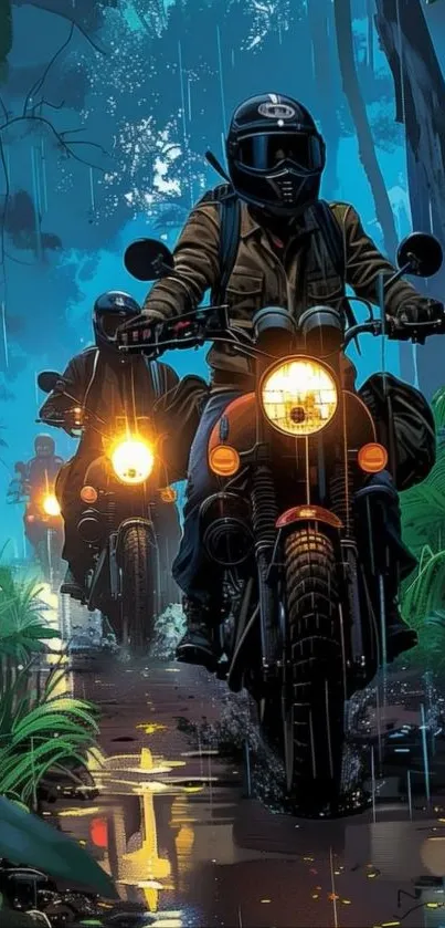 Motorcyclists ride through a rainy forest trail, full of adventure and thrill.