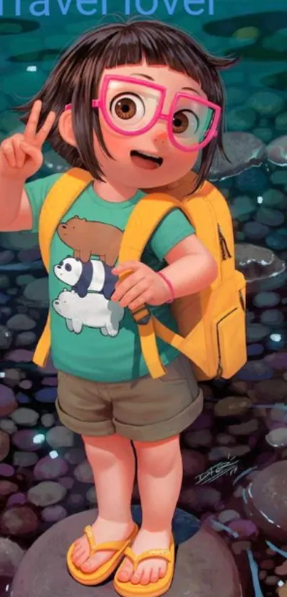 Cartoon character with backpack over colorful stones in a vibrant outdoor scene.