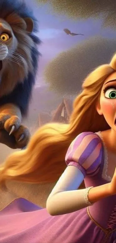 Cartoon scene with a lion chasing a frightened princess.