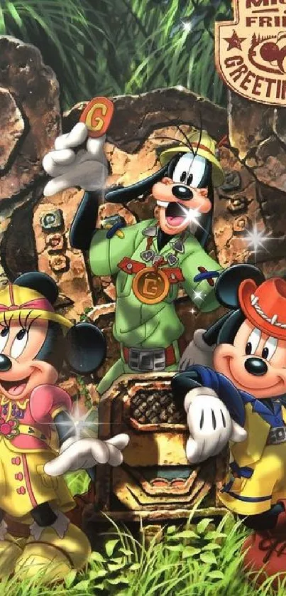 Colorful cartoon characters on a jungle adventure wallpaper.