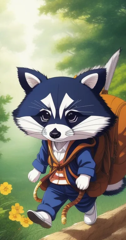 Cartoon raccoon in forest, carrying a backpack.