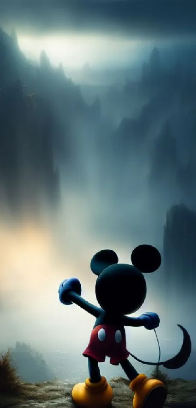 Silhouette of a famous cartoon character with a misty, adventurous background.