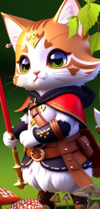 Adventurous cat holding a sword in vibrant fantasy setting.