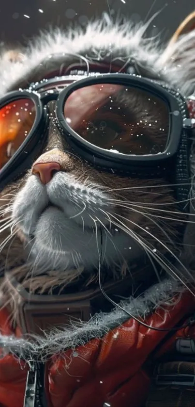 Artistic wallpaper of cat wearing winter goggles.