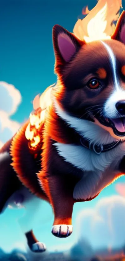 Animated Corgi jumping with flames in a colorful sky.