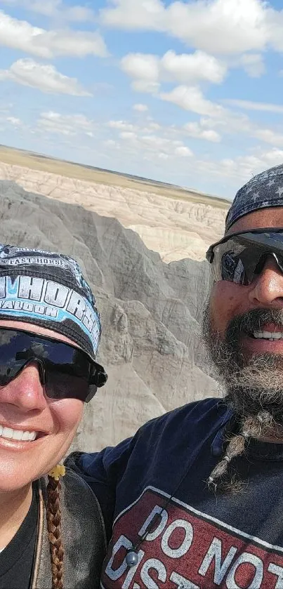 Adventurous selfie in sunny desert with blue skies.