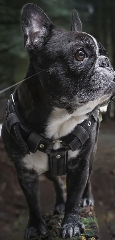 Curious black French Bulldog in a lush forest setting.