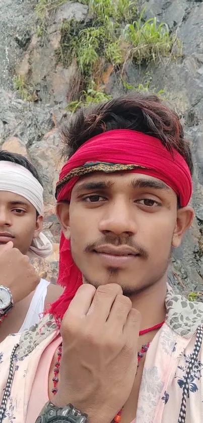 Smiling friends pose for a selfie outdoors against a rocky background.