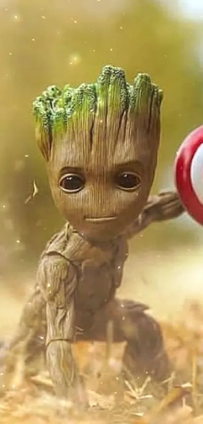 Groot holding a Captain America shield in a woodland setting.