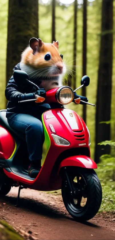 Hamster riding a red moped through a lush green forest.