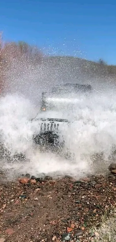 Jeep creating a dramatic water splash in nature.