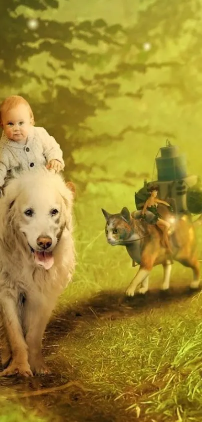 Baby on dog in magical forest scene with backpacked cat.