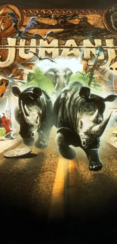 Dynamic Jumanji wallpaper with rhinos charging from the game board.