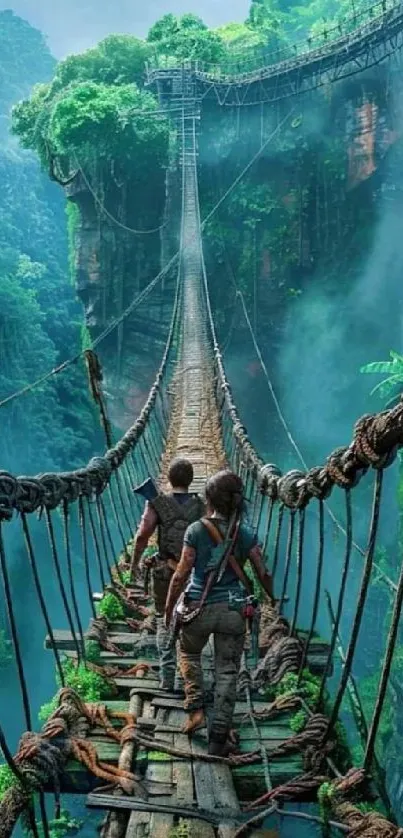 Two figures cross a rope bridge in a dense, lush jungle setting.