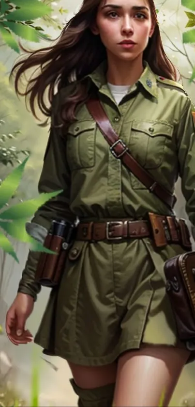 Woman in olive uniform exploring a vibrant jungle setting.