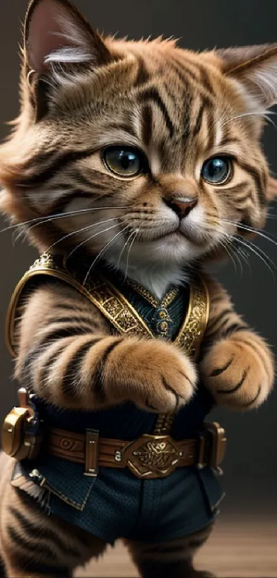 Cute kitten in fantasy attire posing on a wooden surface.