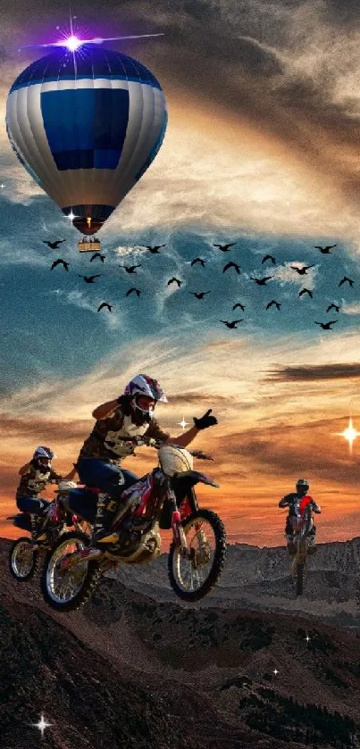 Adventurous landscape with motorcycles and hot air balloon at sunset.