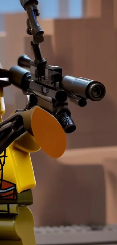 LEGO character holding a weapon in a desert setting.